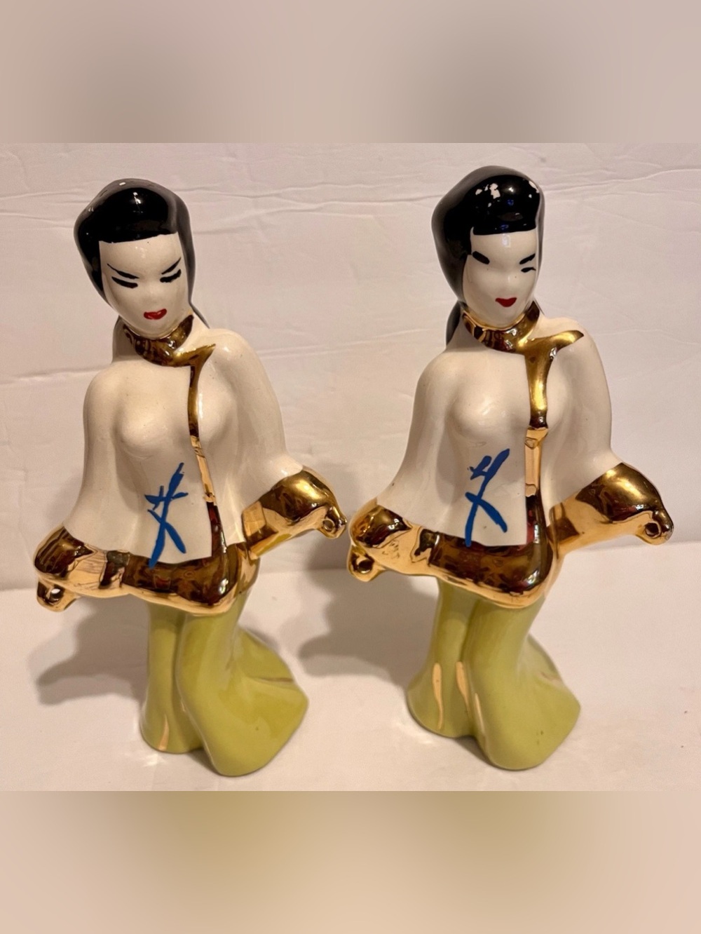 Pair of Vintage Asian Ceramic Figurines w/Gold Trim & Blue Symbols